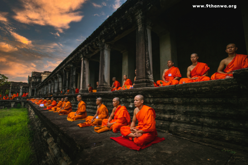 A monk meditating in a peaceful Thai temple, surrounded by serene surroundings and spiritual energy